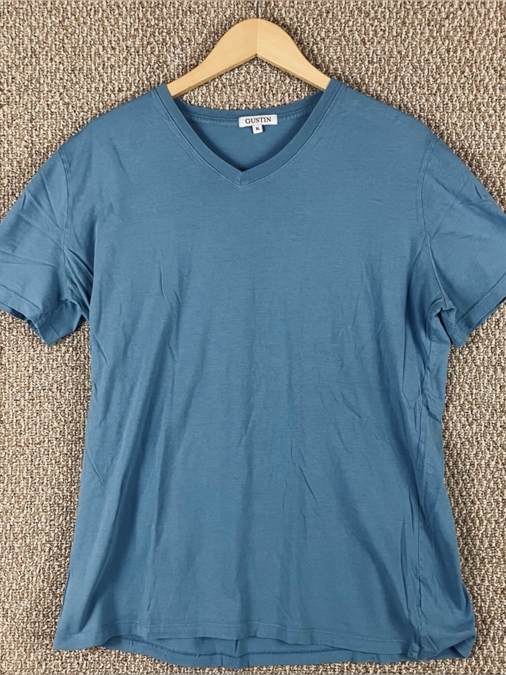 Gustin Shirt Men's XL Blue Cotton V Neck Short Sleeve Cotton Blend USA T699